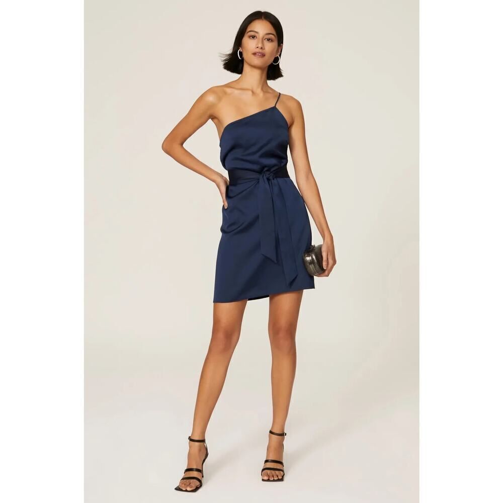 Marissa Webb One Shoulder Tie Mini Dress in Navy Blue 🤍